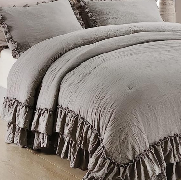 Queen Size Bed Comforter Set Gray Neutral Stone Washed Shabby Chic Ruffle Grey - Picture 3 of 11